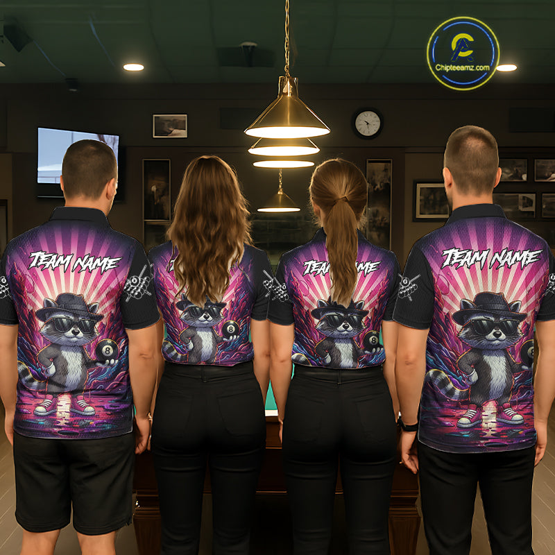 Funny Raccoon 8 Ball Billiard Shirt For Women Custom Pink Graffiti Pool Jersey Team Polo & 1/4 Zip TDM5998