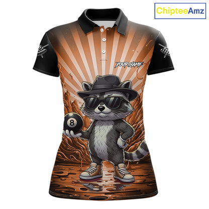 Funny Raccoon 8 Ball Billiard Shirt For Women Custom Orange Graffiti Pool Jersey Team Polo & 1/4 Zip TDM5999