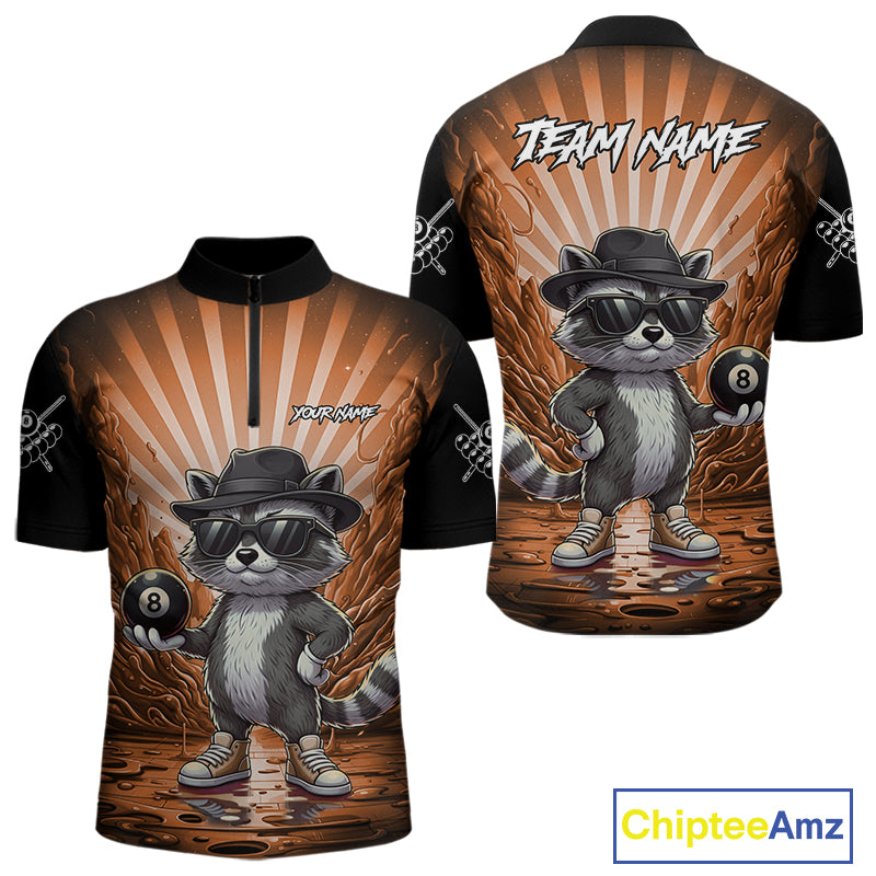 Funny Raccoon 8 Ball Billiard Shirt For Men Custom Orange Graffiti Pool Jersey Team Polo & 1/4 Zip TDM5999