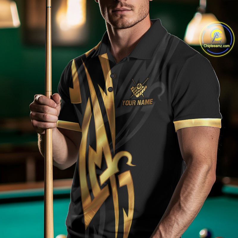 Black And Gold 8 Ball Crown Billiard Shirts For Men Custom Tribal Pool Team Jersey Polo & 1/4 Zip TDM6229