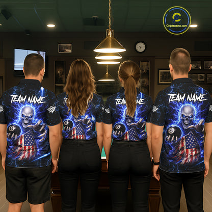 Blue Lightning 8 Ball US Flag Skull Billiard Shirt For Women Custom Pool Team Jersey Polo & 1/4 Zip TDM6230