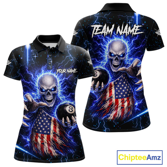 Blue Lightning 8 Ball US Flag Skull Billiard Shirt For Women Custom Pool Team Jersey Polo & 1/4 Zip TDM6230