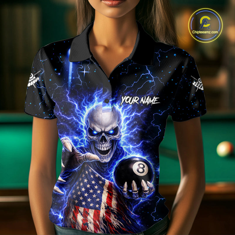 Blue Lightning 8 Ball US Flag Skull Billiard Shirt For Women Custom Pool Team Jersey Polo & 1/4 Zip TDM6230