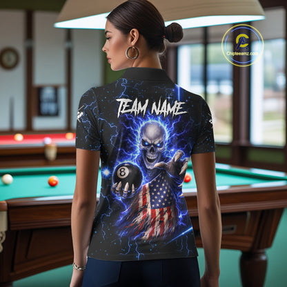 Blue Lightning 8 Ball US Flag Skull Billiard Shirt For Women Custom Pool Team Jersey Polo & 1/4 Zip TDM6230