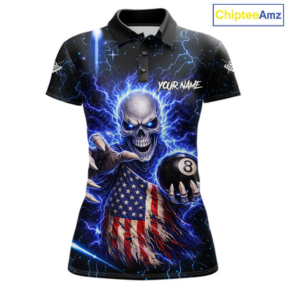 Blue Lightning 8 Ball US Flag Skull Billiard Shirt For Women Custom Pool Team Jersey Polo & 1/4 Zip TDM6230