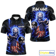 Load image into Gallery viewer, Blue Lightning 8 Ball US Flag Skull Billiard Shirt For Men Custom Pool Team Jersey Polo &amp; 1/4 Zip TDM6230
