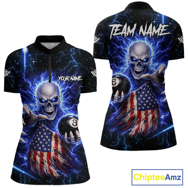 Blue Lightning 8 Ball US Flag Skull Billiard Shirt For Women Custom Pool Team Jersey Polo & 1/4 Zip TDM6230