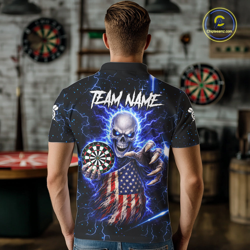 Blue Lightning US Flag Skull Darts Shirt For Men Custom Darts Jersey Team Polo & Quarter Zip TDM6231