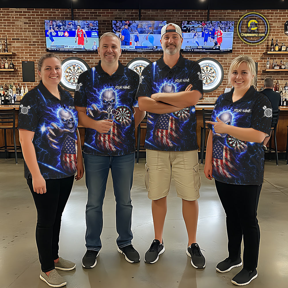 Blue Lightning US Flag Skull Darts Shirt For Women Custom Darts Jersey Team Polo & Quarter Zip TDM6231