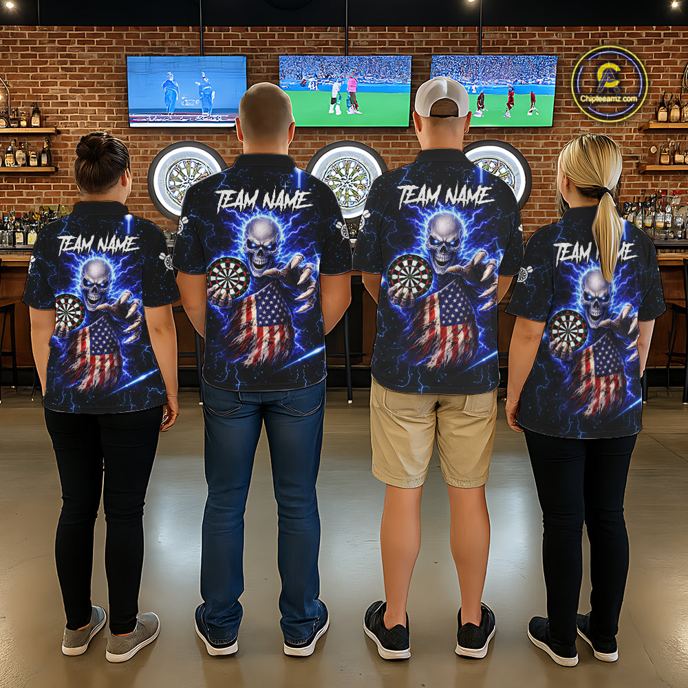 Blue Lightning US Flag Skull Darts Shirt For Women Custom Darts Jersey Team Polo & Quarter Zip TDM6231