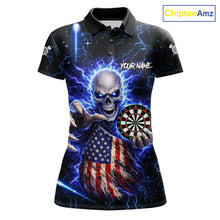 Load image into Gallery viewer, Blue Lightning US Flag Skull Darts Shirt For Women Custom Darts Jersey Team Polo &amp; Quarter Zip TDM6231