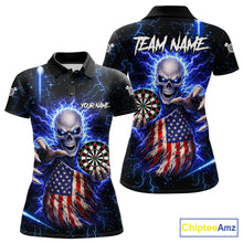 Load image into Gallery viewer, Blue Lightning US Flag Skull Darts Shirt For Women Custom Darts Jersey Team Polo &amp; Quarter Zip TDM6231