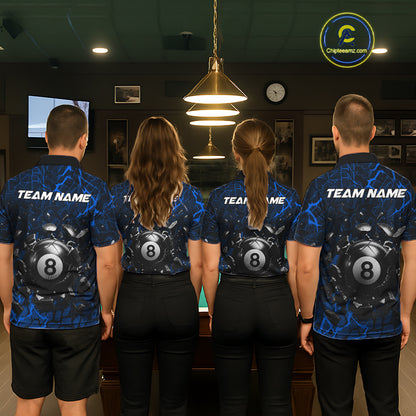 Back view of pool players wearing matching blue crack billiard shirts in a game room.