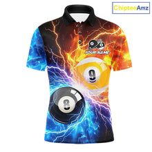 Load image into Gallery viewer, Custom blue and orange lightning 8 ball and 9 ball billiard pool team jersey polo shirt for men, personalized billiard league apparel.