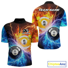 Load image into Gallery viewer, Custom blue and orange lightning 8 ball and 9 ball billiard quarter zip shirt for men, personalized pool team jersey.