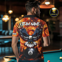 Load image into Gallery viewer, Man wearing custom fire flame red 8 ball US flag eagle billiard polo shirt back view.