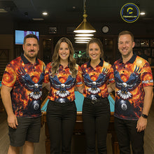 Load image into Gallery viewer, Billiard team wearing matching custom fire flame red 8 ball US flag eagle jerseys front view.