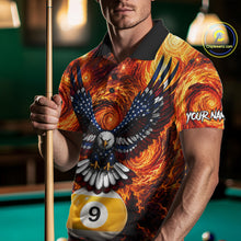 Load image into Gallery viewer, Man wearing custom fire flame red 9 ball US flag eagle billiard polo shirt front view.