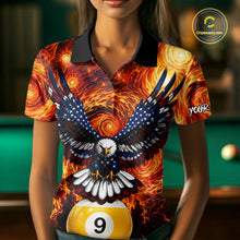 Load image into Gallery viewer, Woman wearing custom fire flame red 9 ball US flag eagle billiard polo shirt front view.
