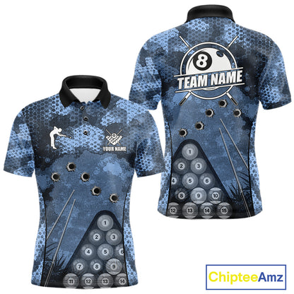 Blue Camo 8 Ball Billiard Shirt For Men Custom Pool Team Shirt, Billiard Jersey Polo & 1/4 Zip TDM6008