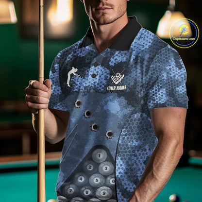 Blue Camo 8 Ball Billiard Shirt For Men Custom Pool Team Shirt, Billiard Jersey Polo & 1/4 Zip TDM6008