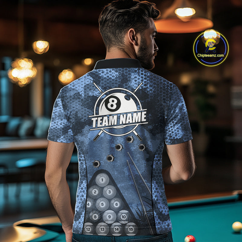 Blue Camo 8 Ball Billiard Shirt For Men Custom Pool Team Shirt, Billiard Jersey Polo & 1/4 Zip TDM6008