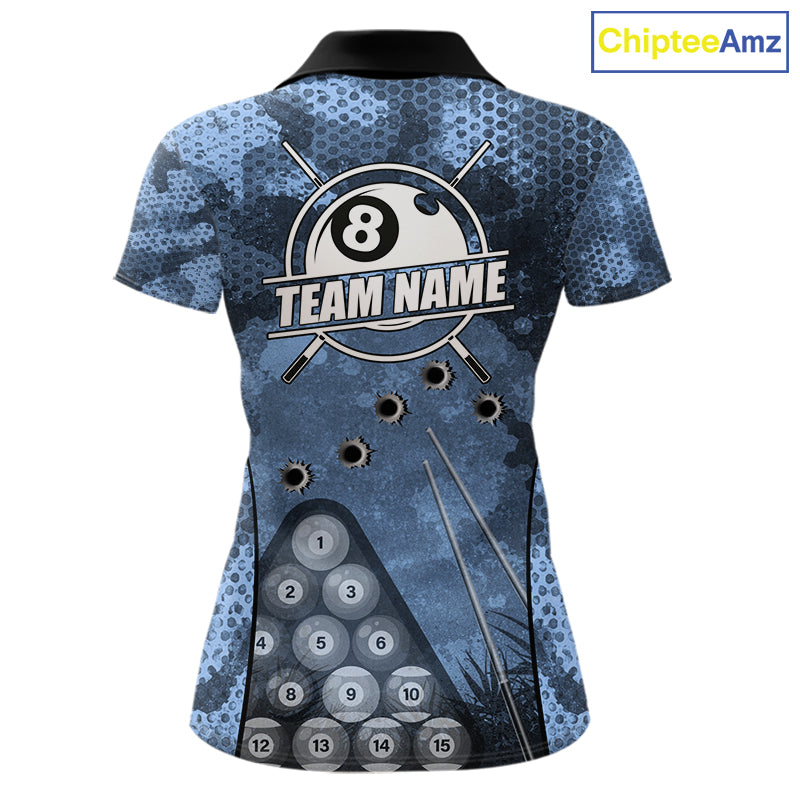 Blue Camo 8 Ball Billiard Shirt For Women Custom Pool Team Shirt, Billiard Jersey Polo & 1/4 Zip TDM6008