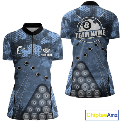 Blue Camo 8 Ball Billiard Shirt For Women Custom Pool Team Shirt, Billiard Jersey Polo & 1/4 Zip TDM6008