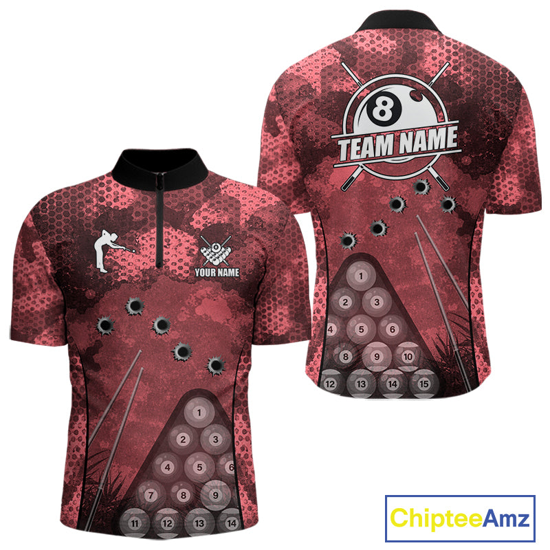 Red Camo 8 Ball Billiard Shirt For Men Custom Pool Team Shirt, Billiard Jersey Polo & 1/4 Zip TDM6009
