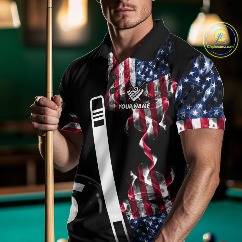 US Flag Smoke 8 Ball Billiard Shirt For Men Custom Patriotic Pool Team Jersey Polo & 1/4 Zip TDM6010