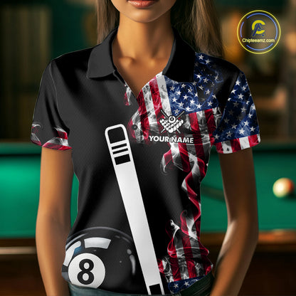 US Flag Smoke 8 Ball Billiard Shirt For Women Custom Patriotic Pool Team Jersey Polo & 1/4 Zip TDM6010