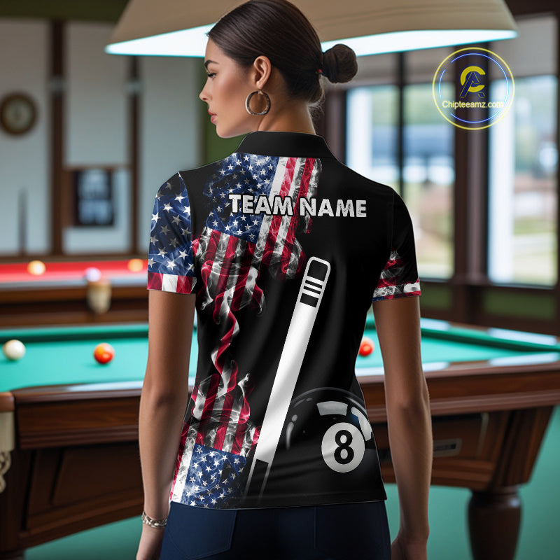 US Flag Smoke 8 Ball Billiard Shirt For Women Custom Patriotic Pool Team Jersey Polo & 1/4 Zip TDM6010