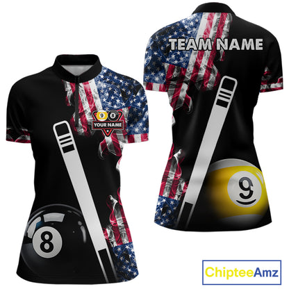 US Flag Smoke 8 Ball 9 Ball Billiard Shirt For Women Custom Patriotic Pool Team Jersey Polo, 1/4 Zip TDM6011