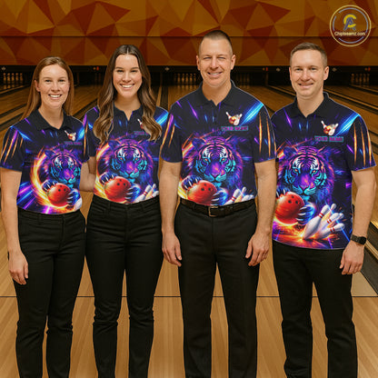 Custom Neon Blue And Purple Tiger Bowling Shirt For Women, Bowling Team Jersey Polo & 1/4 Zip Shirt TDM6241