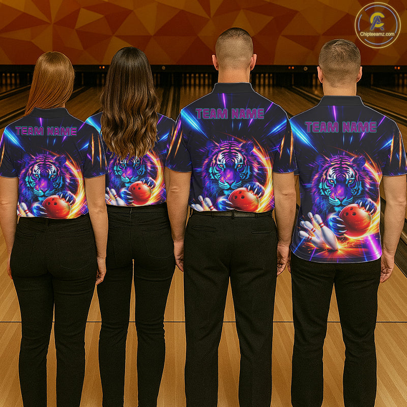 Custom Neon Blue And Purple Tiger Bowling Shirt For Women, Bowling Team Jersey Polo & 1/4 Zip Shirt TDM6241