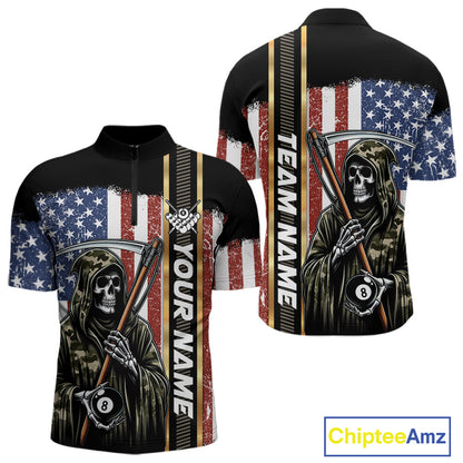 Camo Grim Reaper 8 Ball Billiard Shirt For Men Custom American Flag Pool Team Jersey Polo, 1/4 Zip TDM6246