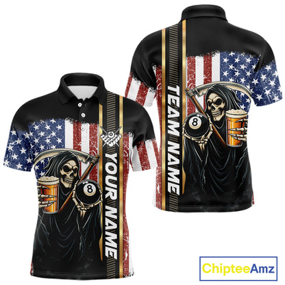 Grim Reaper With Beer Custom 8 Ball Billiard Shirt For Men, US Flag Pool Team Jersey Polo, 1/4 Zip TDM6247
