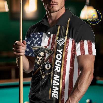 Grim Reaper With Beer Custom 8 Ball Billiard Shirt For Men, US Flag Pool Team Jersey Polo, 1/4 Zip TDM6247