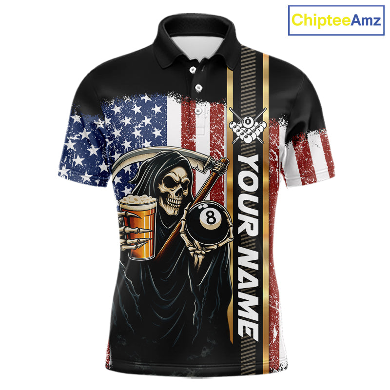 Grim Reaper With Beer Custom 8 Ball Billiard Shirt For Men, US Flag Pool Team Jersey Polo, 1/4 Zip TDM6247