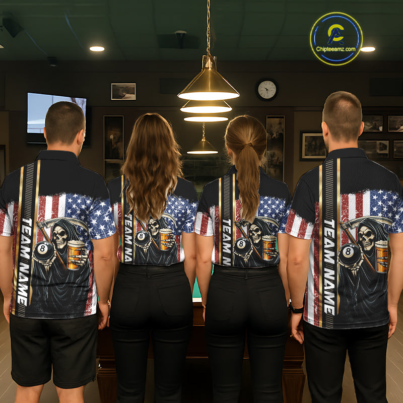 Grim Reaper With Beer Custom 8 Ball Billiard Shirt For Men, US Flag Pool Team Jersey Polo, 1/4 Zip TDM6247