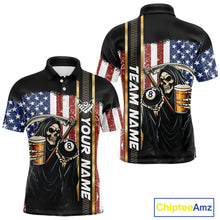 Load image into Gallery viewer, Grim Reaper With Beer Custom 8 Ball Billiard Shirt For Men, US Flag Pool Team Jersey Polo, 1/4 Zip TDM6247
