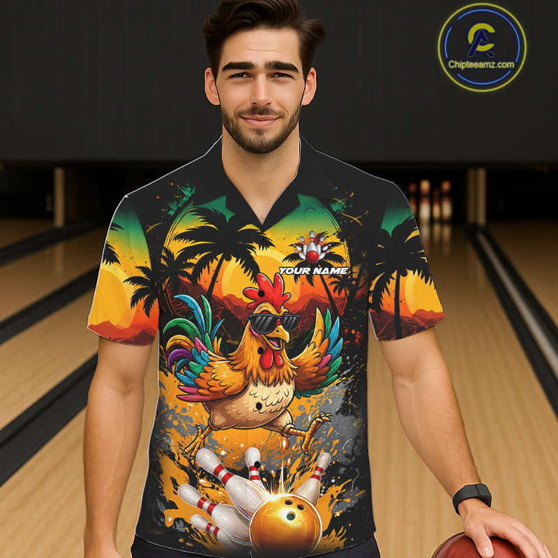 Funny Chicken Sunset Tropical Bowling Hawaiian Jersey For Men Women Custom Bowling Team Shirts TDM6458
