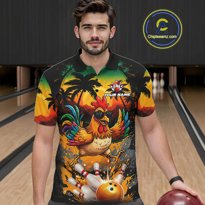 Funny Chicken Sunset Tropical Bowling Jersey For Men Custom Bowling Team Shirts Polo & 1/4 Zip TDM6458