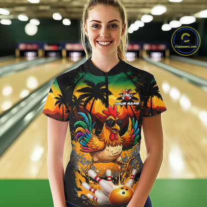 Funny Chicken Sunset Tropical Bowling Jersey For Women Custom Bowling Team Shirts Polo & 1/4 Zip TDM6458