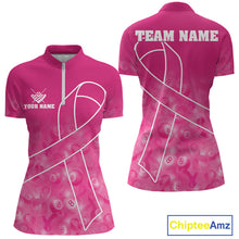 Load image into Gallery viewer, Pink ribbon billiard quarter zip shirt for women built for tournaments and league support events.