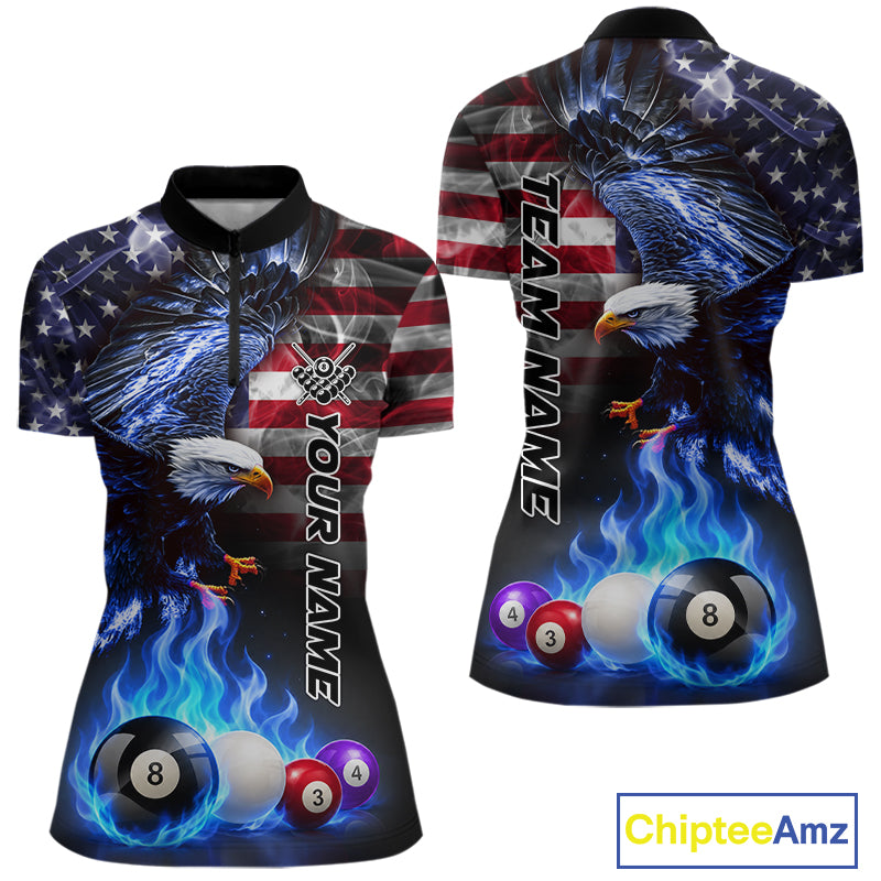 Blue flame billiard quarter zip shirt for women designed for tournament performance and league competition.