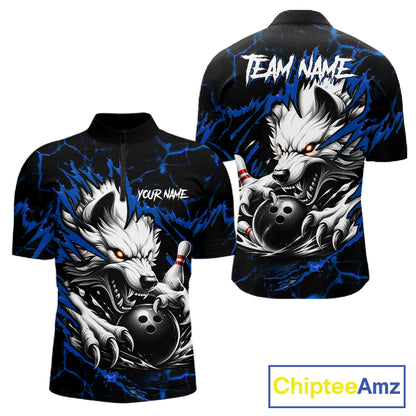 Black and blue custom wolf bowling team jersey quarter zip shirt for men featuring bold wolf artwork, premium custom bowling apparel.