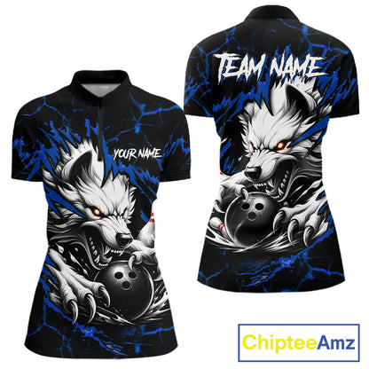 Black and blue custom wolf bowling team jersey quarter zip shirt for women featuring bold wolf artwork, premium custom bowling apparel.