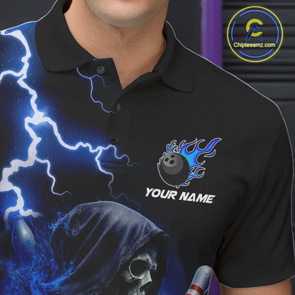 Blue Grim Reaper Bowling Shirt For Men Custom Lightning Team League Bowling Jersey Polo & 1/4 Zip TDM5854