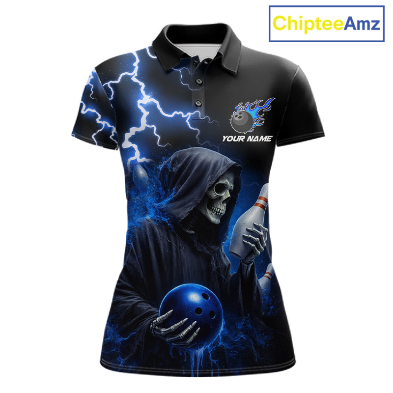 Blue Grim Reaper Bowling Shirt For Women Custom Lightning Team League Bowling Jersey Polo & 1/4 Zip TDM5854
